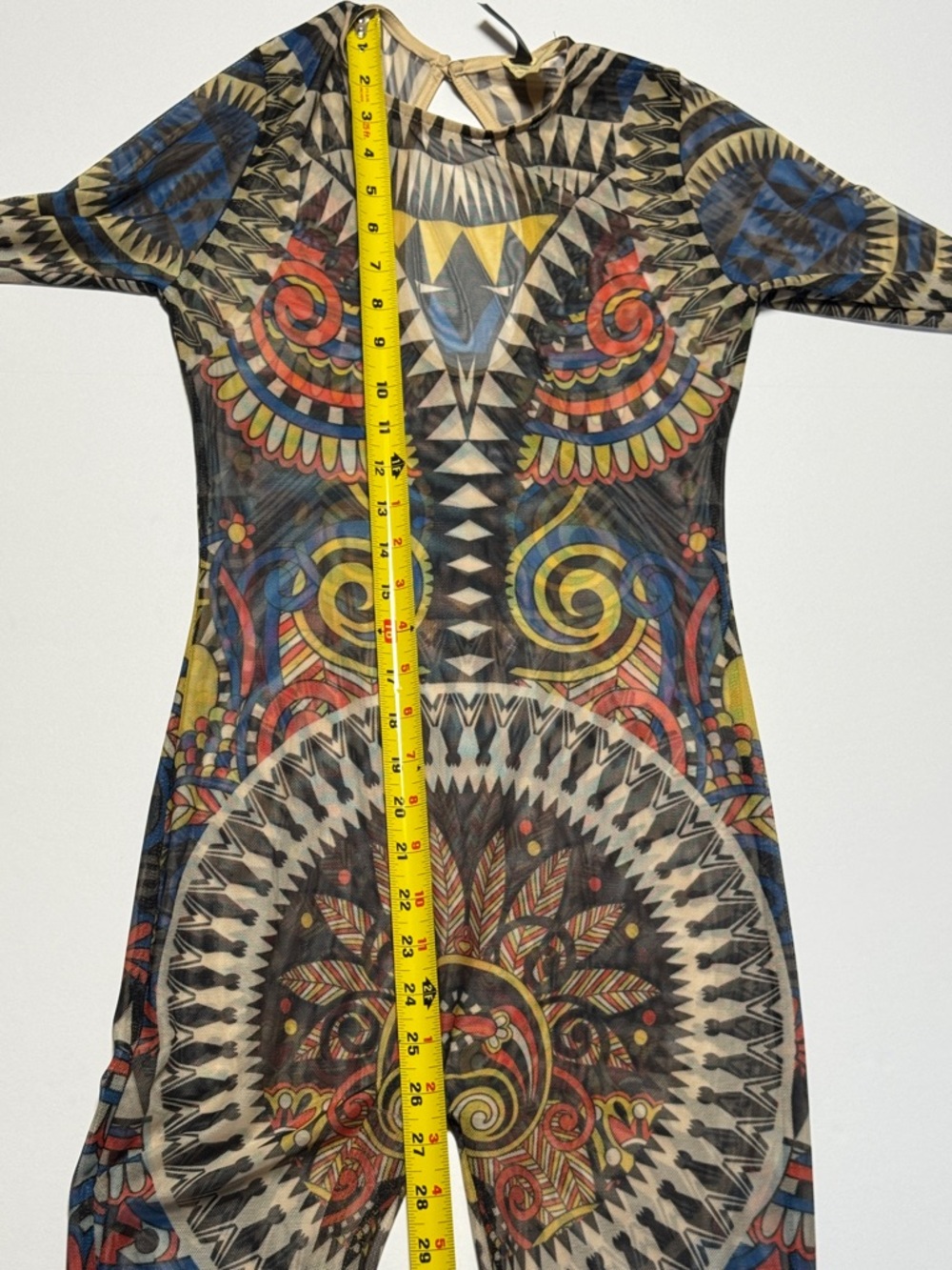 VINTAGE 90's Kaleidoscope Tribal Print Mesh Sheer Stretch Jumpsuit Cat Suit M - Picture 8 of 16